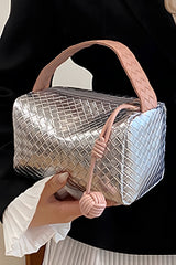 Silvery Lattice Texture Corded Ball Decor Weaven Handle Cosmetic Bag Makeup Bags JT's Designer Fashion