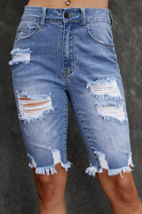 Sky Blue Ripped Tassel Bermuda Denim Shorts Sky Blue 98%Cotton+2%Elastane Denim Shorts JT's Designer Fashion