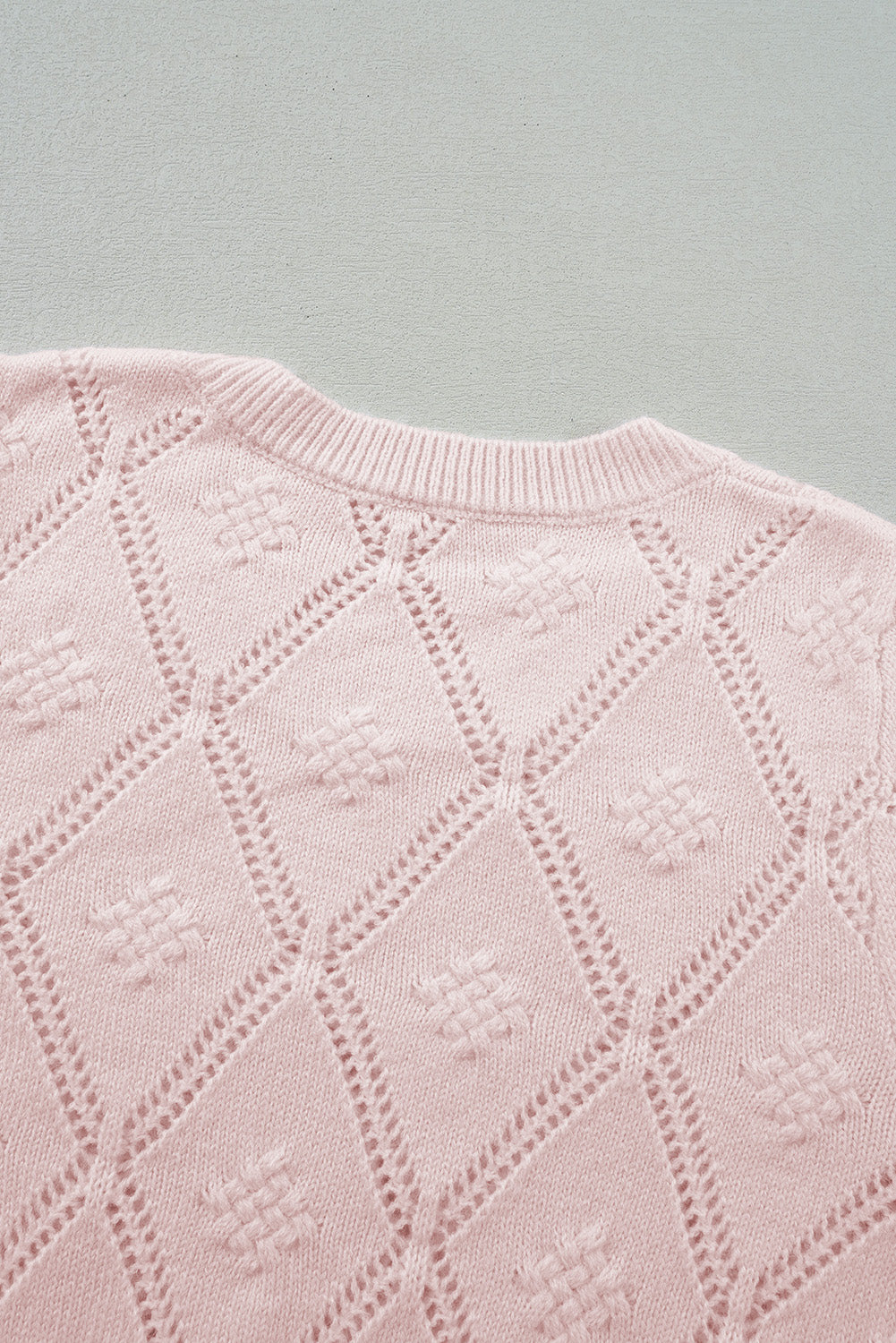 Gossamer Pink Openwork Plaid Puff Sleeve Cropped Sweater Sweaters JT's Designer Fashion