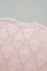 Gossamer Pink Openwork Plaid Puff Sleeve Cropped Sweater Sweaters JT's Designer Fashion