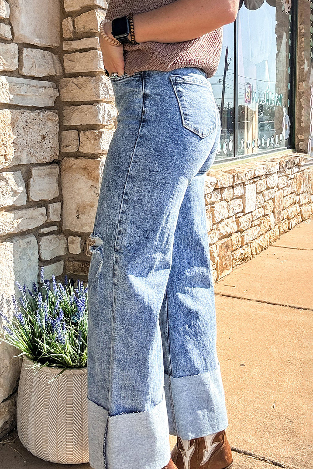 Ashleigh Blue Mineral Wash Bottom Cuff Distressed Wide Leg Jeans Jeans JT's Designer Fashion