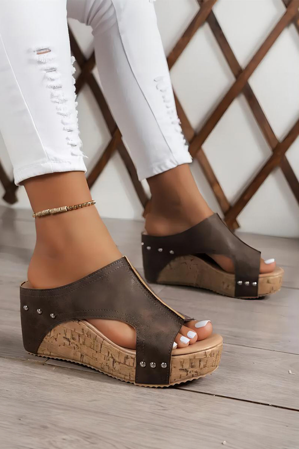 Chestnut Hollow Out Studded Leather Wedge Slippers Slippers JT's Designer Fashion