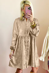 Apricot Metallic Sheen Puff Sleeve Button Up Mini Shirt Dress Mini Dresses JT's Designer Fashion