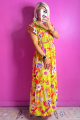 Yellow Cheetah Plant Print Shirred Button V Neck Long Dress Maxi Dresses JT's Designer Fashion