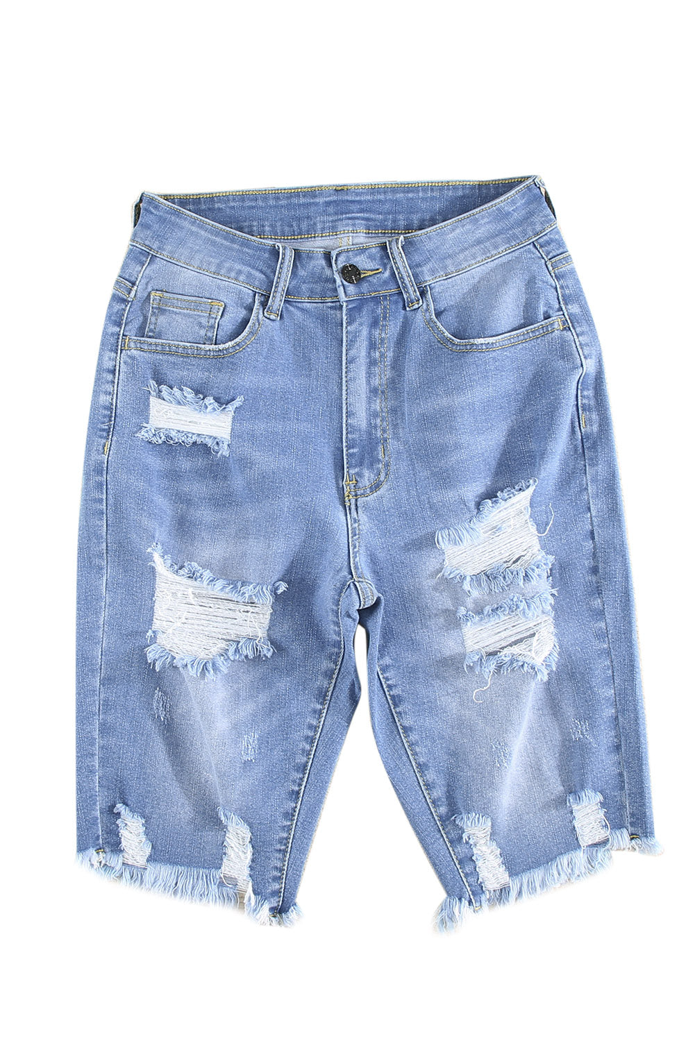 Sky Blue Ripped Tassel Bermuda Denim Shorts Denim Shorts JT's Designer Fashion