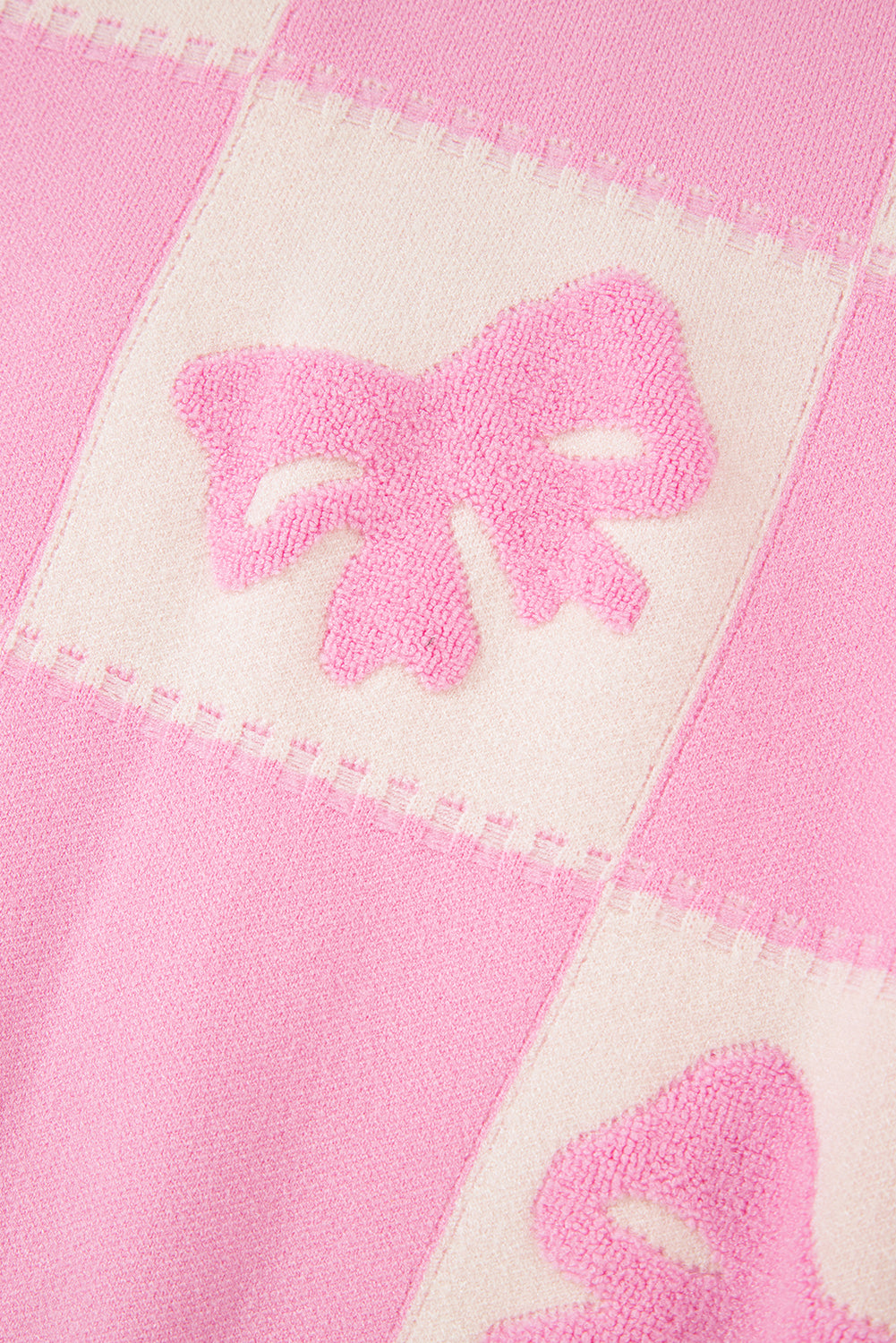 Pink Bowknot Checkered Pattern V Neck Drop Shoulder Button Up Cardigan Cardigans JT's Designer Fashion