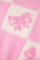 Pink Bowknot Checkered Pattern V Neck Drop Shoulder Button Up Cardigan Cardigans JT's Designer Fashion