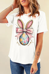 White Easter Egg Bow Bunny Ear Printed T Shirt Graphic Tees JT's Designer Fashion