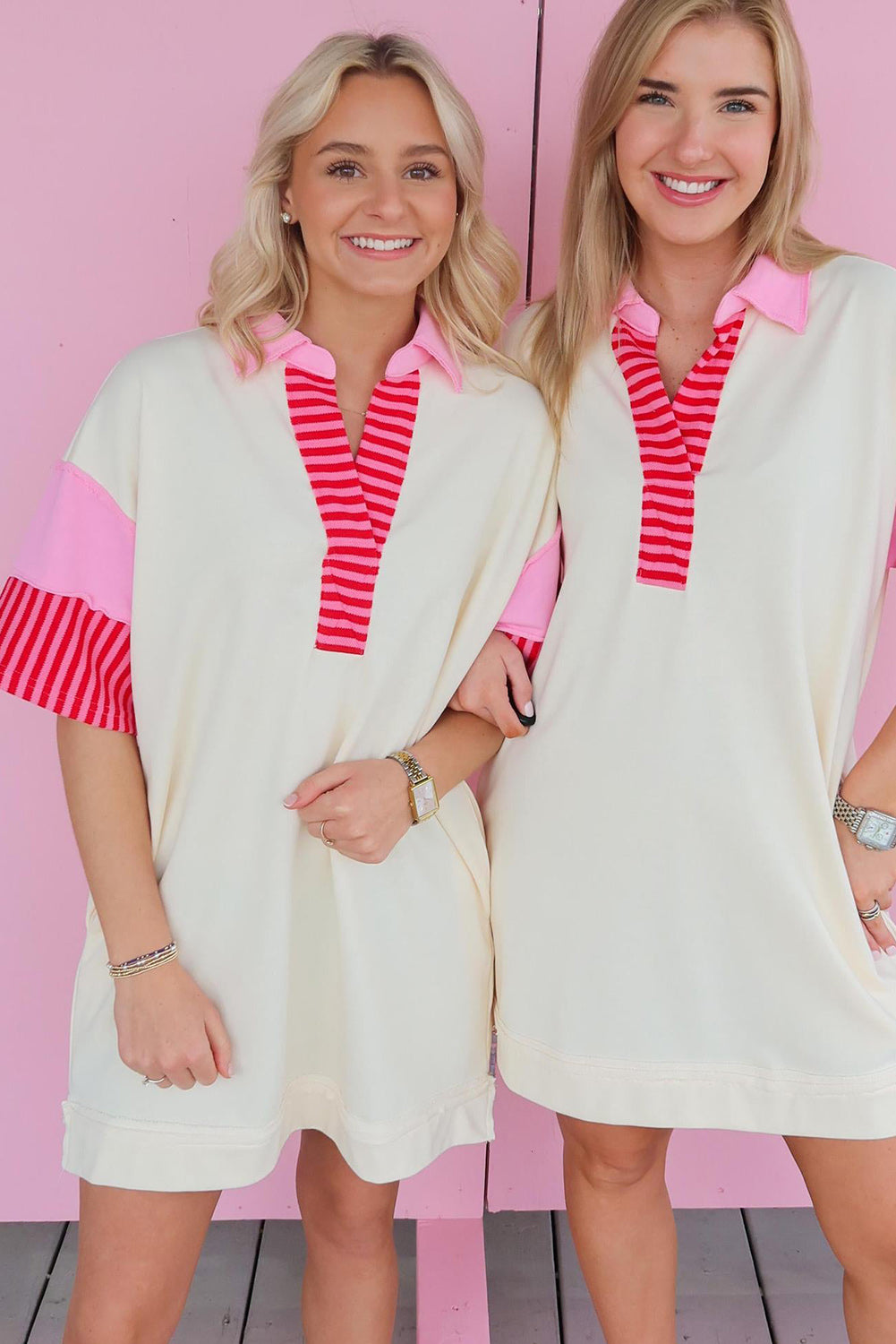 White Stripe Colorblock Short Sleeve Collared Mini Dress Dresses JT's Designer Fashion