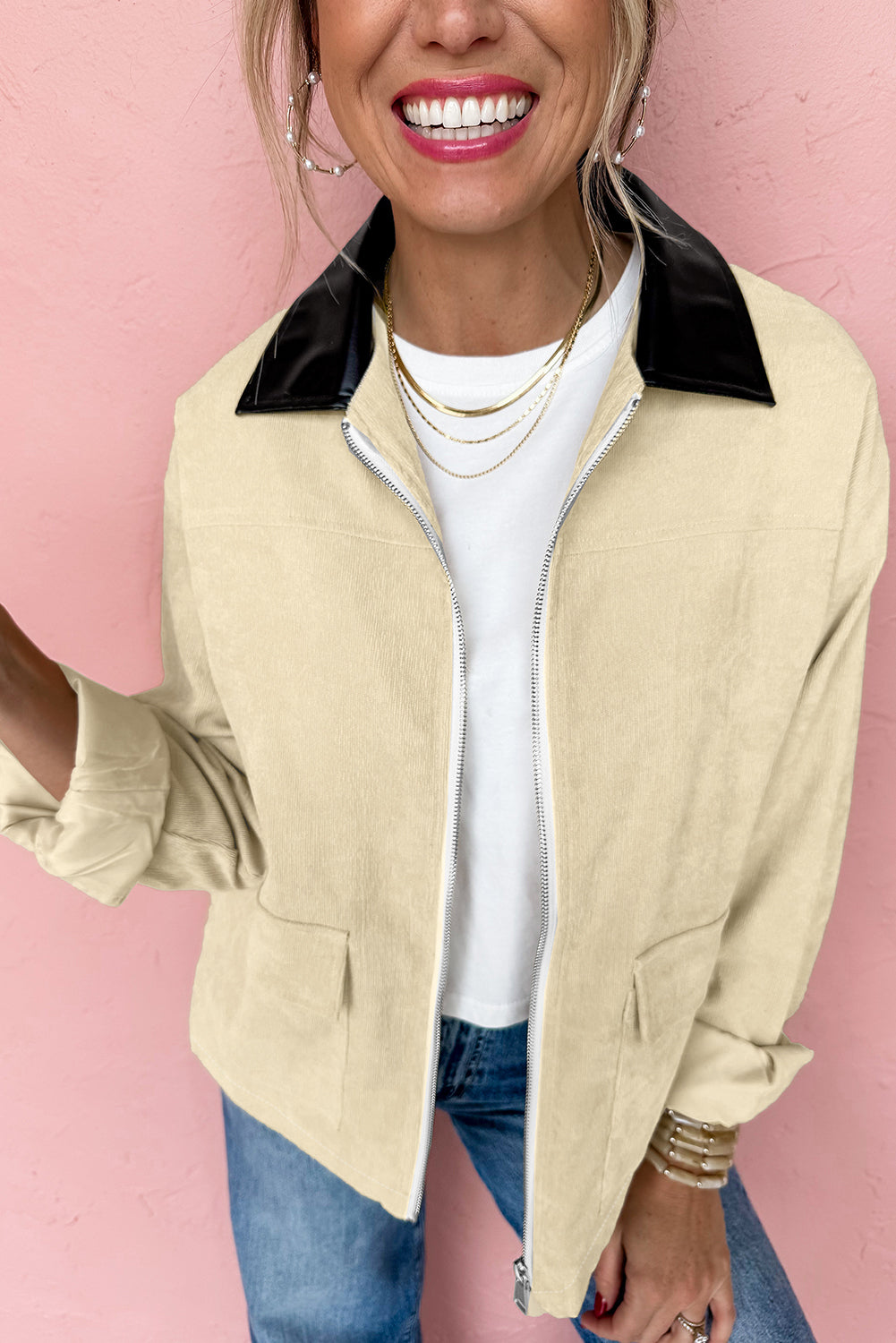 Parchment Contrast Leather Collar Textured Zip Up Jacket Jackets JT's Designer Fashion