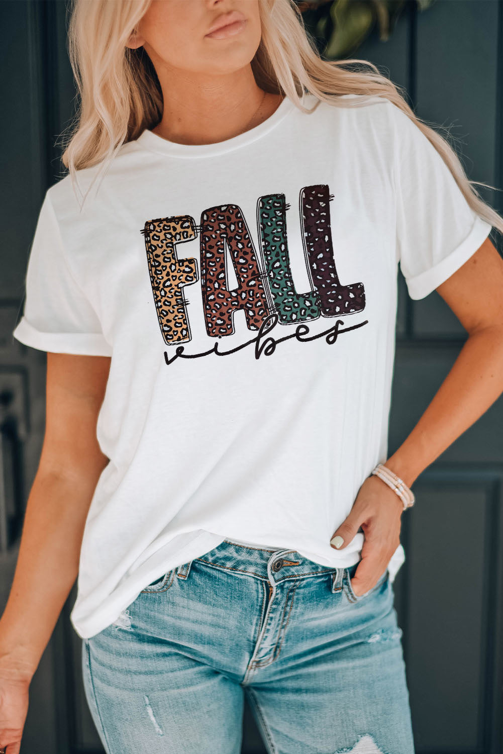 White FALL Vibe Leopard Print Crew Neck T Shirt Graphic Tees JT's Designer Fashion