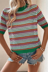 Dark Green Striped Pattern Hollow Out Contrast Trim Knit T Shirt Sweaters & Cardigans JT's Designer Fashion