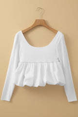 White U Neck Long Sleeve Bubble Hem Top Blouses & Shirts JT's Designer Fashion