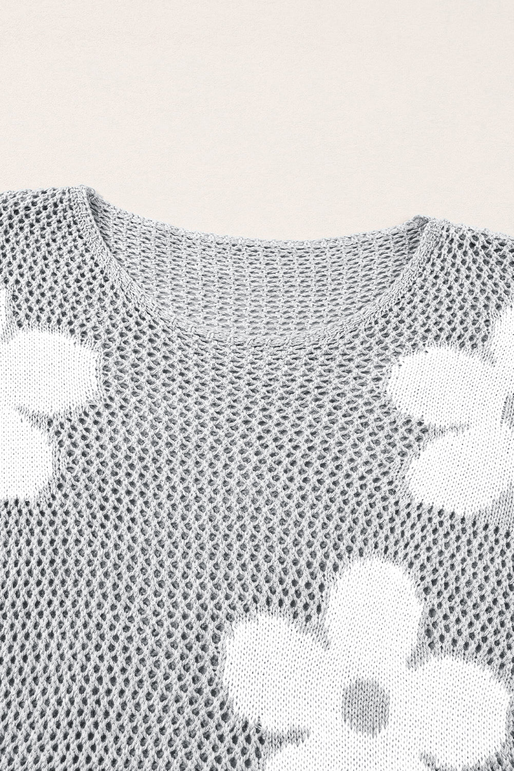 Light Grey Big Flower Hollowed Knit Drop Shoulder Sweater Sweaters JT's Designer Fashion