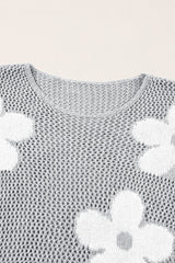 Light Grey Big Flower Hollowed Knit Drop Shoulder Sweater Sweaters JT's Designer Fashion