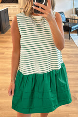Green Stripe Woven Ruffled Sleeveless Mini Dress Mini Dresses JT's Designer Fashion