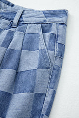 Dusk Blue Checkered Denim Wide Leg Jeans Jeans JT's Designer Fashion