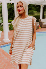 Khaki Stripe Round Neck Sleeveless Casual Pocketed Mini Dress Mini Dresses JT's Designer Fashion