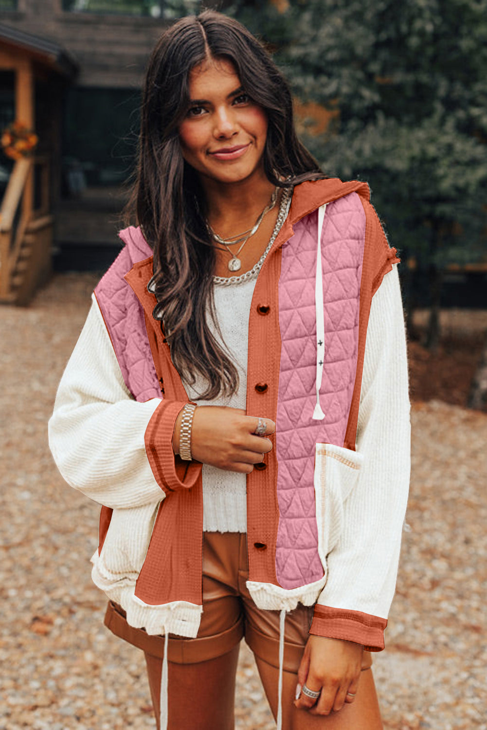 Coral Quilted Textured Patchwork Loose Fit Hooded Jacket Jackets JT's Designer Fashion