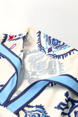 Blue Ethnic Print Striped Split Neck Long Sleeve Flowy Mini Dress Mini Dresses JT's Designer Fashion