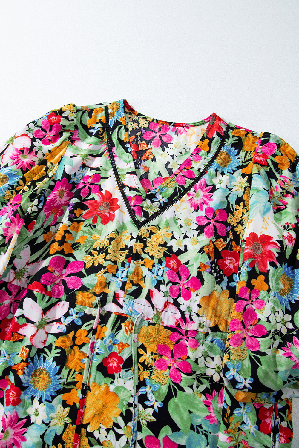 Green Floral Puff Sleeve V Neck Tassel Drawstring Dress Floral Dresses JT's Designer Fashion