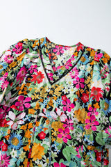 Green Floral Puff Sleeve V Neck Tassel Drawstring Dress Floral Dresses JT's Designer Fashion