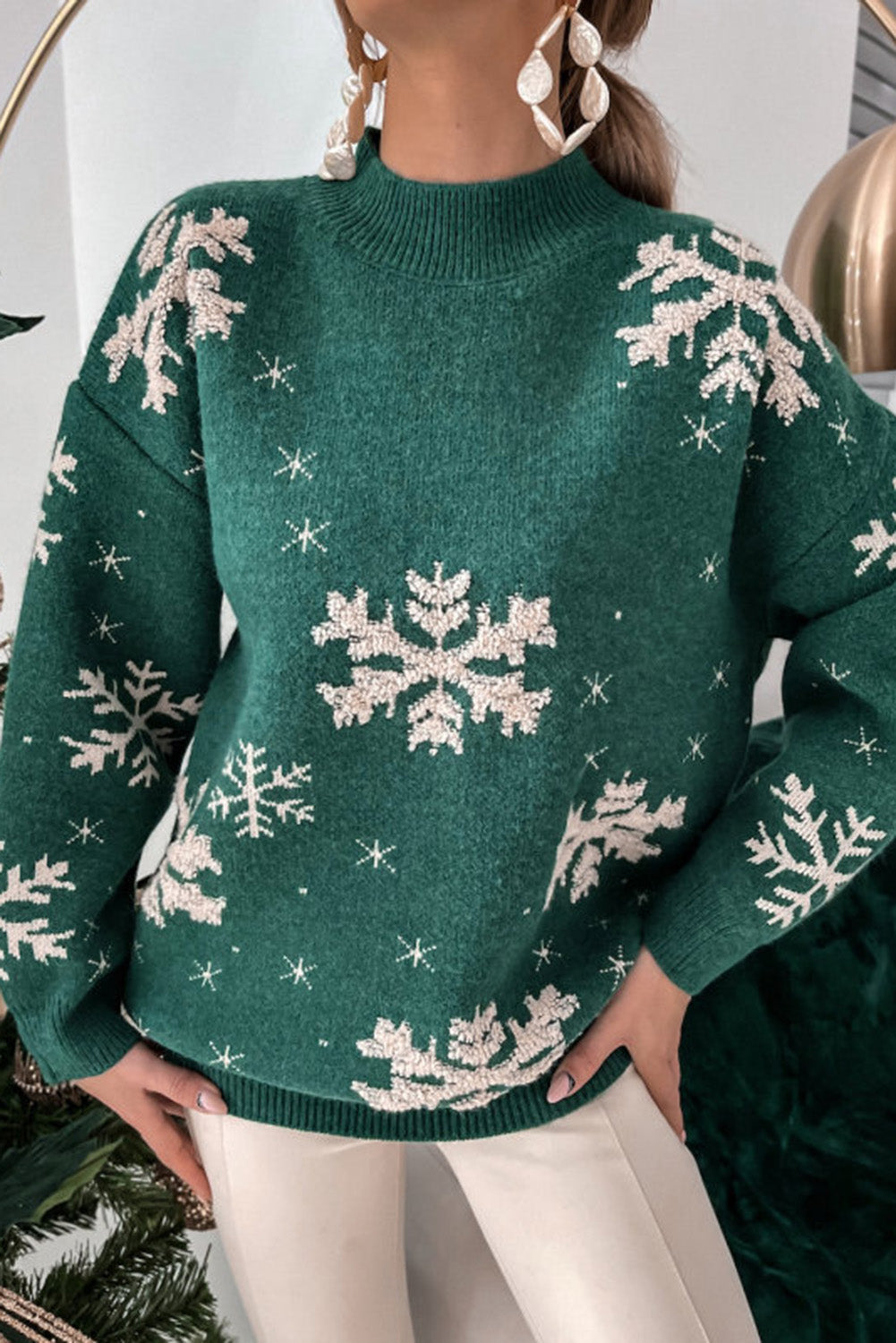 Blackish Green Christmas Snowflake Mock Neck Sweater Blackish Green woolen fabric Sweaters JT's Designer Fashion