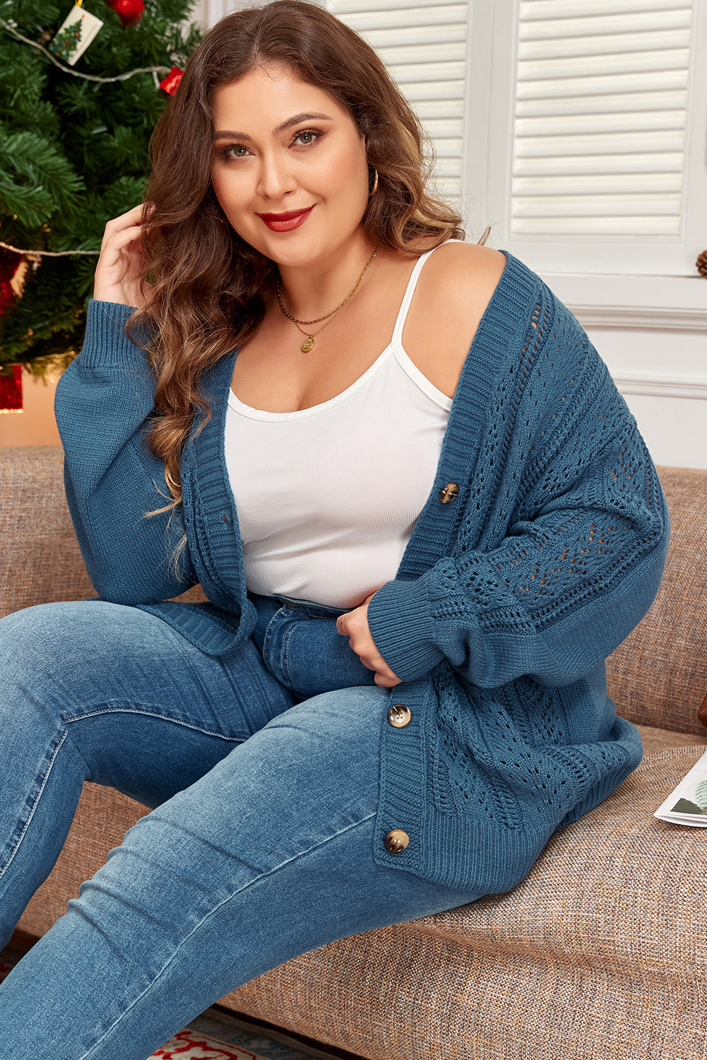Real Teal Open Knit V Neck Button Front Drop Shoulder Plus Size Cardigan Plus Size Sweaters & Cardigans JT's Designer Fashion