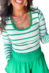 Bright Green Scalloped Trim U Neck Striped Ribbed Slim Sweater Sweaters JT's Designer Fashion
