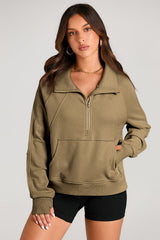 Brown Quarter Zip Stand Neck Kangaroo Pocket Sweatshirt Sweatshirts & Hoodies JT's Designer Fashion