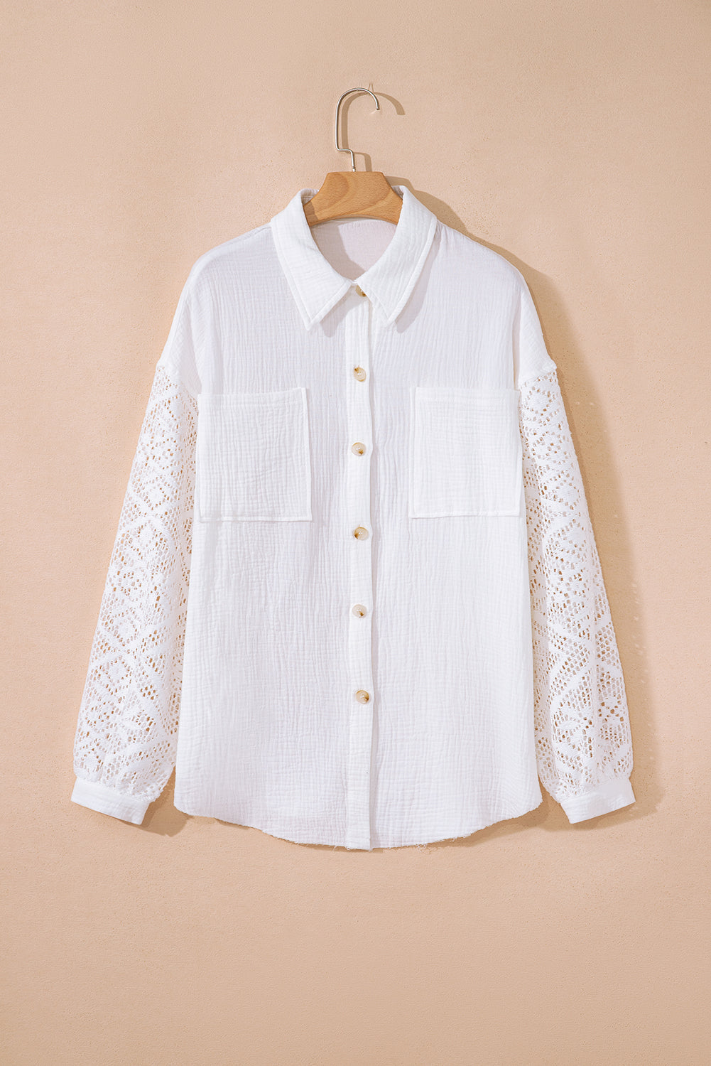 White Cotton Gauze Lace Patchwork Long Sleeve Shirt Blouses & Shirts JT's Designer Fashion