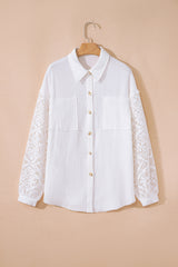 White Cotton Gauze Lace Patchwork Long Sleeve Shirt Blouses & Shirts JT's Designer Fashion