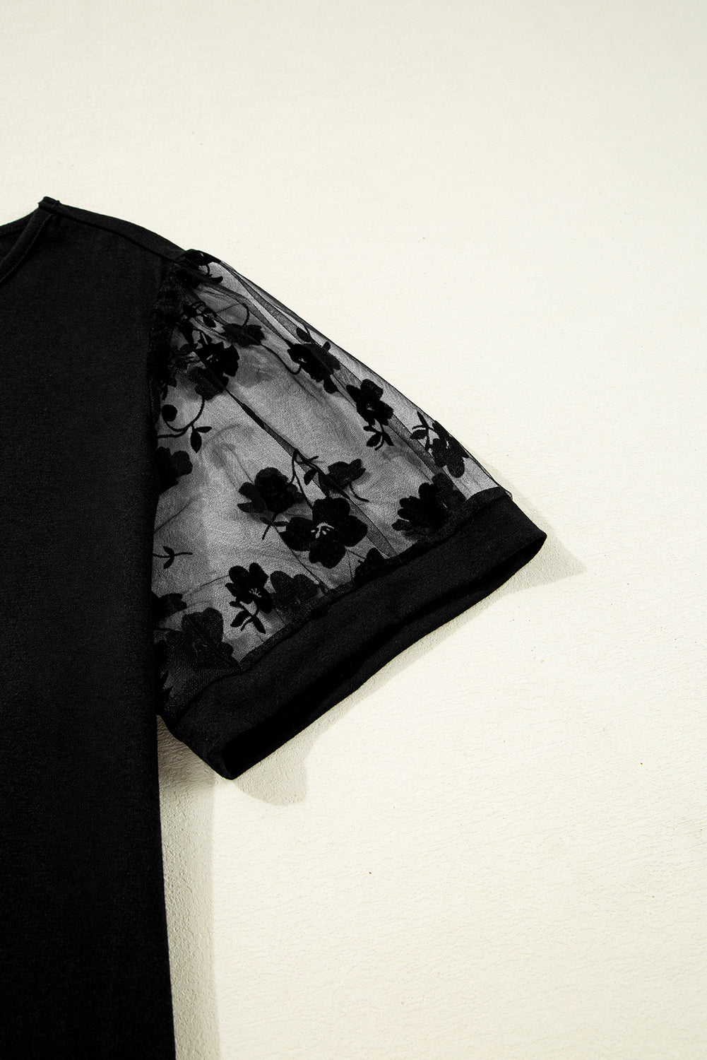 Black Floral Mesh Patchwork Loose V Neck Plus Size T Shirt Plus Size Tops & Tees JT's Designer Fashion