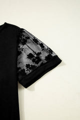 Black Floral Mesh Patchwork Loose V Neck Plus Size T Shirt Plus Size Tops & Tees JT's Designer Fashion