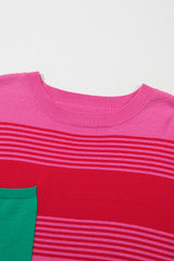 Rose Striped Knit Patch Pocket Drop Shoulder Sweater Sweaters JT's Designer Fashion