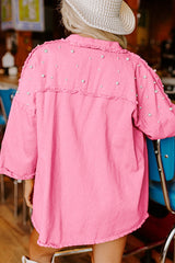 Bonbon Pearl Beaded Raw Hem Button Up Denim Jacket Denim Jackets JT's Designer Fashion