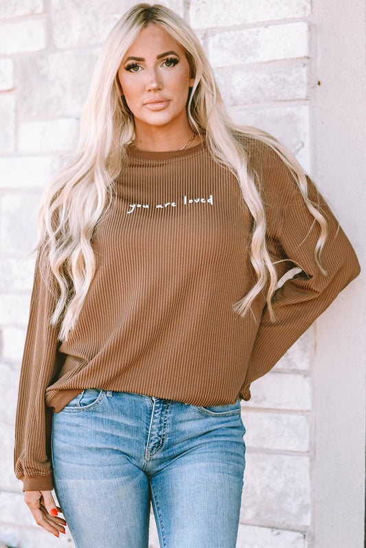 Khaki You Are Loved Print Corduroy Sweatshirt Sweatshirts & Hoodies JT's Designer Fashion