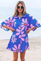 Blue Summer Flower Print Shirt Collar Button Front Loose Romper Blue 100%Polyester Jumpsuits & Rompers JT's Designer Fashion