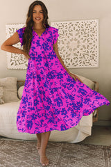 Rose Floral Print Tiered Frilled Trim Flutter Sleeve Maxi Dress Rose 100%Polyester Floral Dresses JT's Designer Fashion