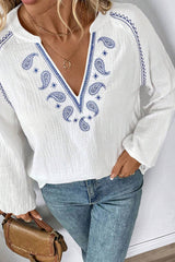 White Paisley Embroidered Textured Split Neck Long Puff Sleeve Blouse Blouses & Shirts JT's Designer Fashion