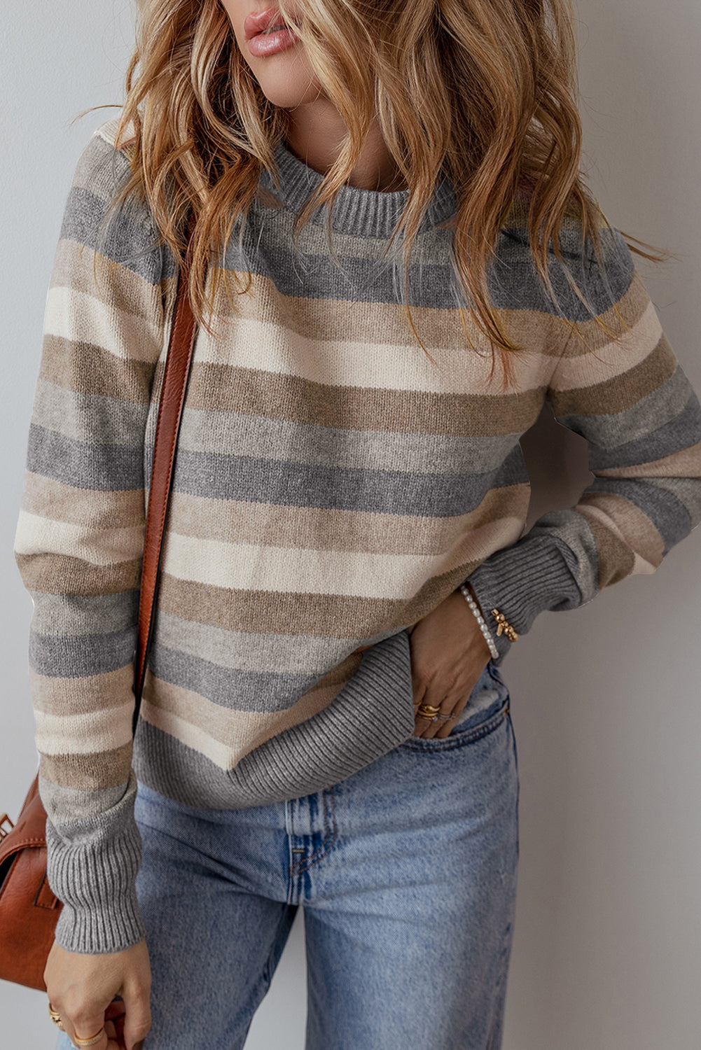 Gray Stripe Color Block Ribbed Edge Round Neck Sweater Gray Stripe 42%Polyester+28%PBT+20%Acrylic+10%Polyamide Sweaters JT's Designer Fashion