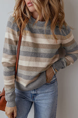 Gray Stripe Color Block Ribbed Edge Round Neck Sweater Gray Stripe 42%Polyester+28%PBT+20%Acrylic+10%Polyamide Sweaters JT's Designer Fashion