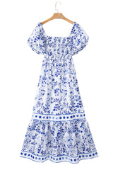 Sky Blue Floral Print Square Neck Bubble Sleeve High Waist Long Dress Maxi Dresses JT's Designer Fashion
