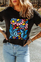 Black USA Flag Flower Graphic Drop Shoulder T Shirt Graphic Tees JT's Designer Fashion