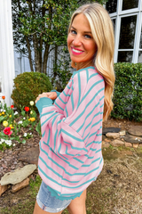 Pink Stripe Trimmed Round Neck Drop Shoulder Loose Sweater Sweaters JT's Designer Fashion