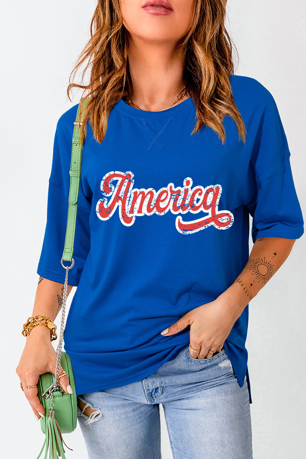 Dark Blue Contrast America Graphic Drop Shoulder Tee Graphic Tees JT's Designer Fashion