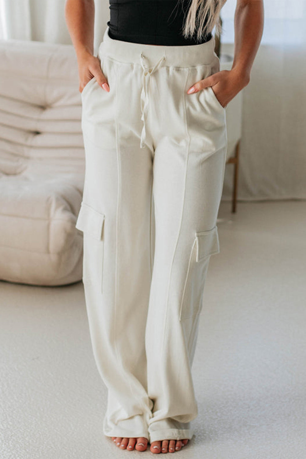 Beige Plain Cargo Pockets High Waist Casual Sweatpants Pants & Culotte JT's Designer Fashion