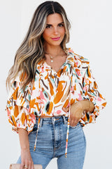 Yellow Abstract Print Drawstring Frilled V Neck 3/4 Sleeve Blouse Yellow 100%Polyester Blouses & Shirts JT's Designer Fashion