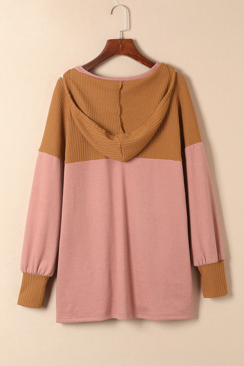 Brown Waffle Knit Patchwork Drawstring V Neck Hoodie Sweatshirts & Hoodies JT's Designer Fashion