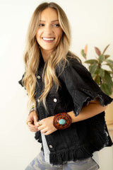 Black Raw Edge Ruffled Short Sleeve Denim Jacket Denim Jackets JT's Designer Fashion